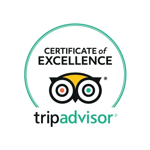 Tripadvisor Certificate of Excellence badge with teal circle, owl logo, and black text