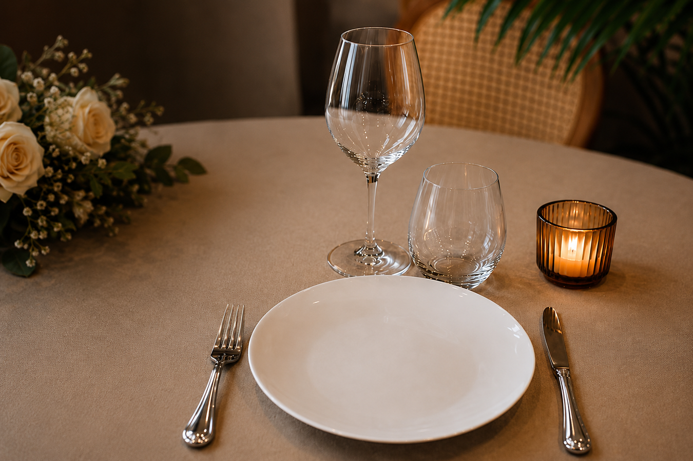 Elegante apparecchiatura della tavola con piatto bianco, posate, bicchieri, fiori e candele.