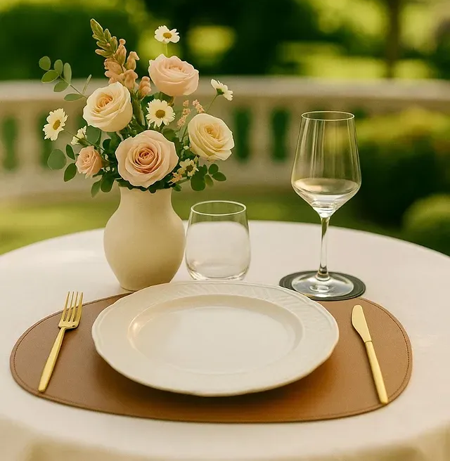Elegante allestimento da tavola per esterni con rose color crema, piatto bianco, bicchieri e posate dorate su una tovaglia bianca.