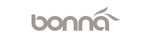 Logo Bonna in lettere minuscole grigie con un accento a forma di foglia sopra l'ultima n