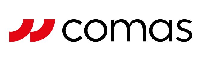 Logo di Comas con segni stilizzati rossi e testo minuscolo nero su sfondo bianco.