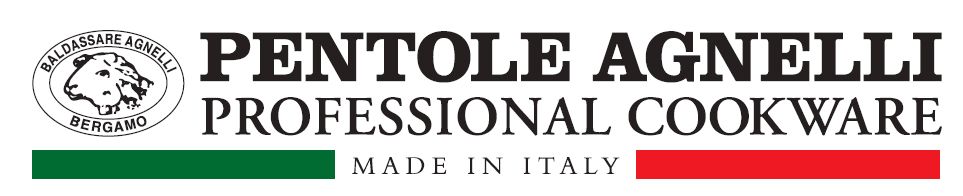 Logo Pentole Agnelli Professional Cookware con emblema circolare e testo nero su sfondo bianco.