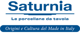 Saturnia logo with blue text, “Le porcellane da tavola,” and “Origini e Cultura del Made in Italy” tagline