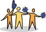 Three stick figures with arms around each other: one holding a foam finger, two holding pom-poms.