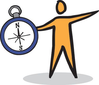 Orange stick figure holding a blue compass, pointing forward.