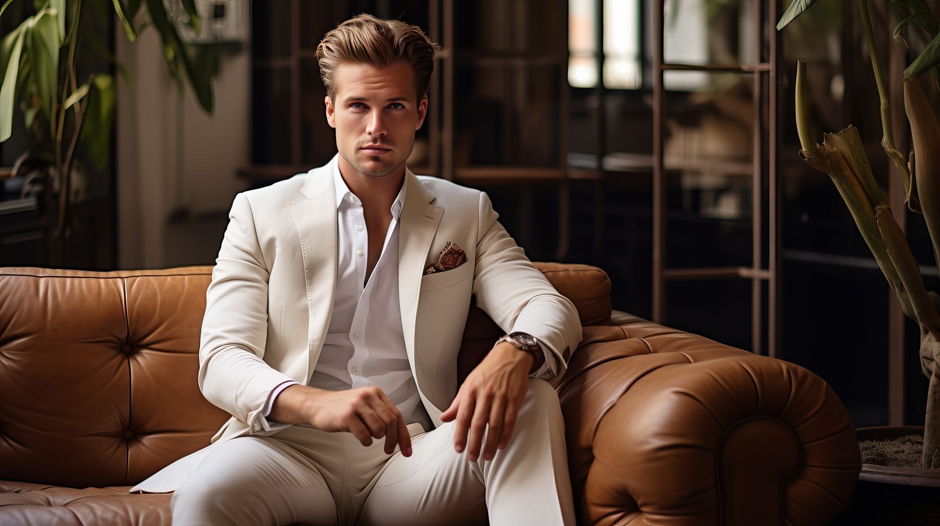 Man in cream suit sits on a brown leather couch, looking at the camera.