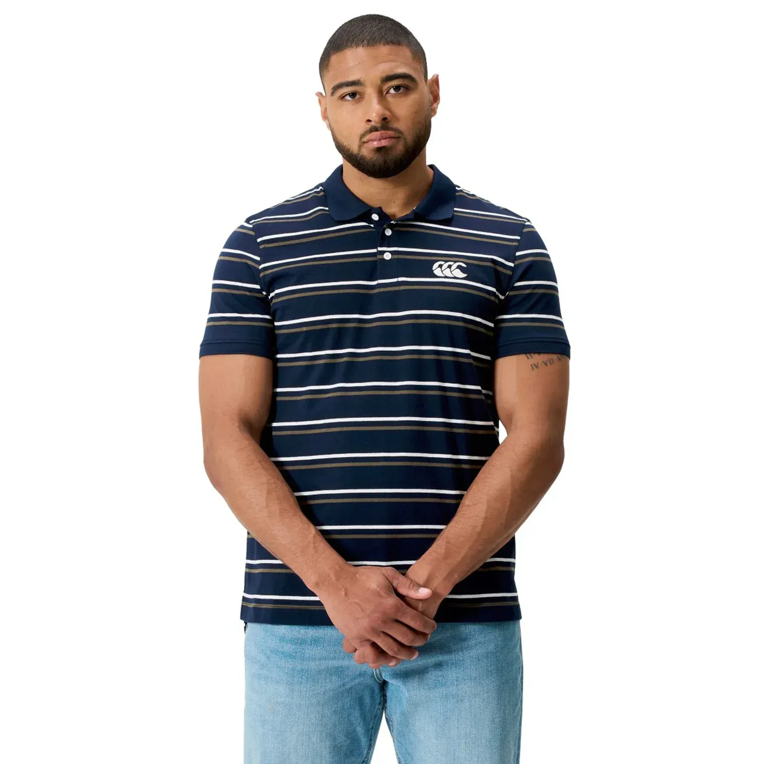 Canterbury Fundamental Yarn Dye Stripe Polo - Navy/Brown/White