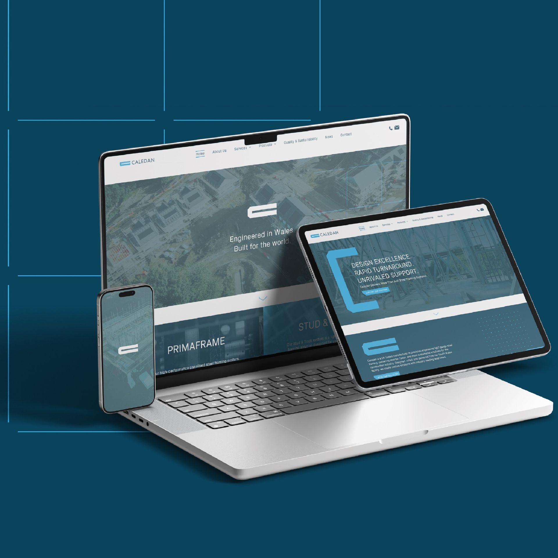 Website displayed on a laptop, tablet, and smartphone; all devices against a blue backdrop.