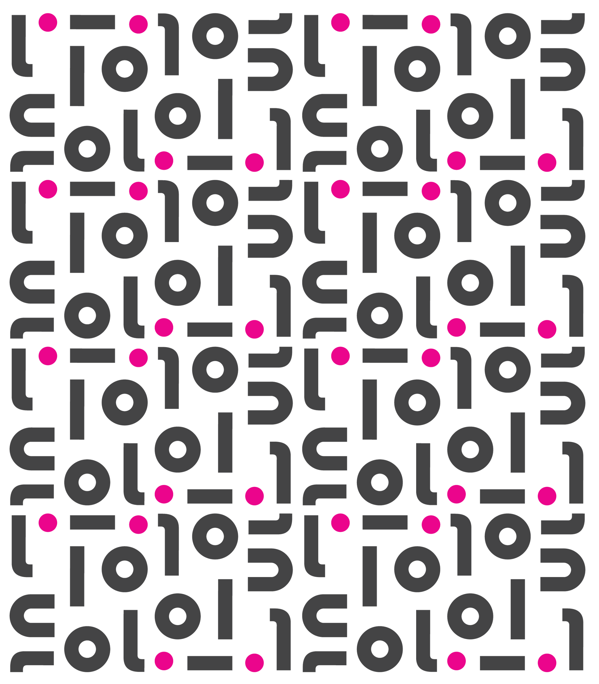 Pattern of dark gray abstract shapes and pink dots on a white background.