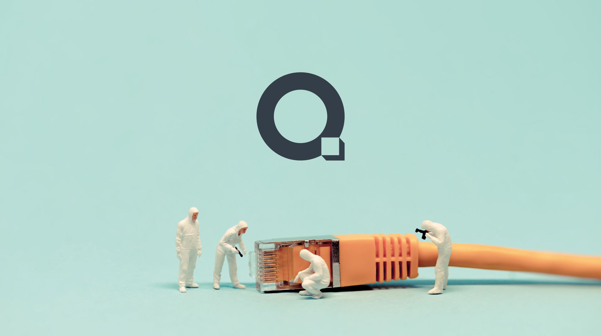 Miniature figures in white suits working on an orange Ethernet cable, with the letter "Q" in dark gray above.