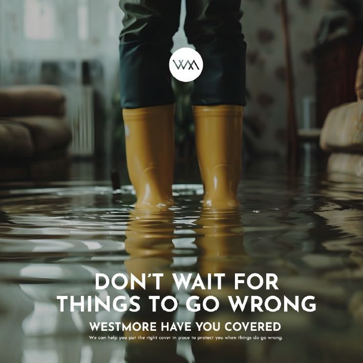 Person in yellow boots standing in a flooded room. Text: