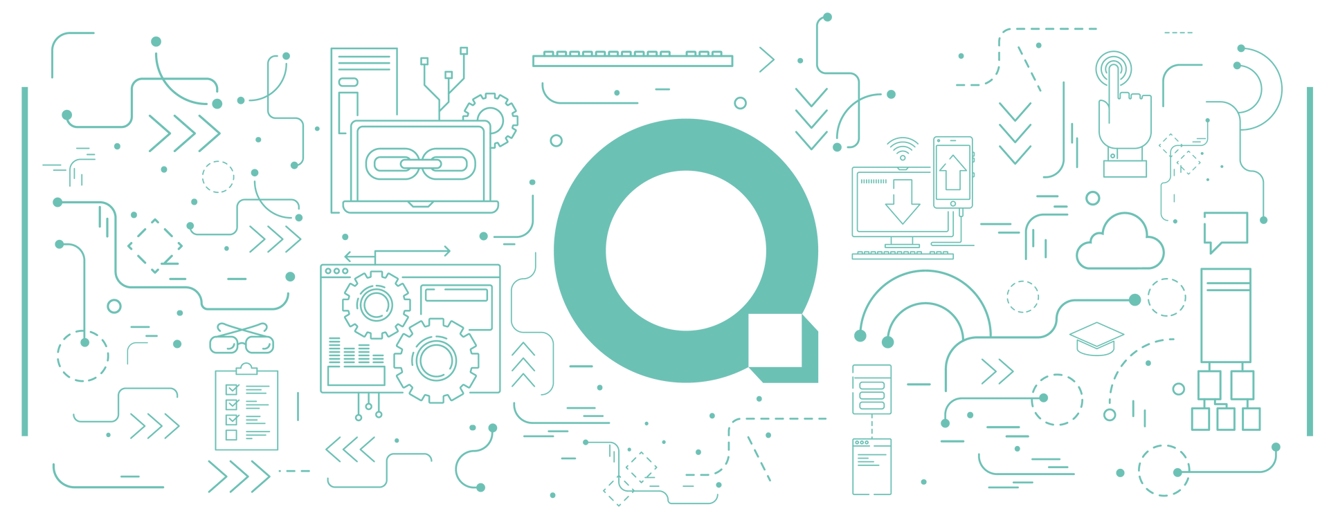Aqua letter Q with a surrounding graphic of various technological icons.