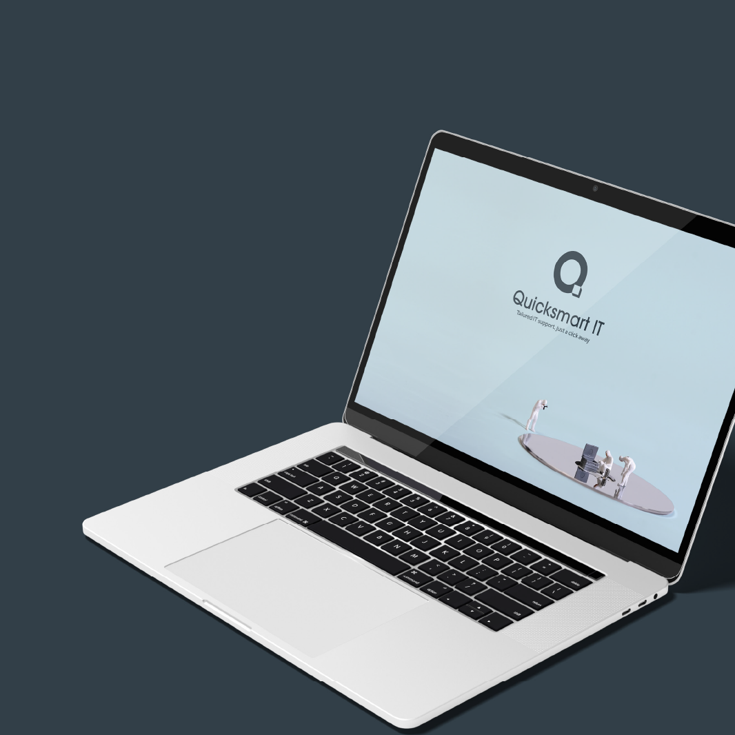 Laptop with a light blue screen displaying the logo for