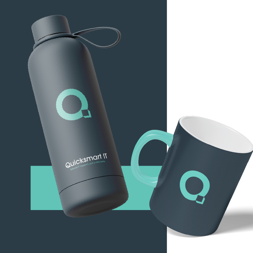 Gray water bottle and mug with teal logo on teal and white background.