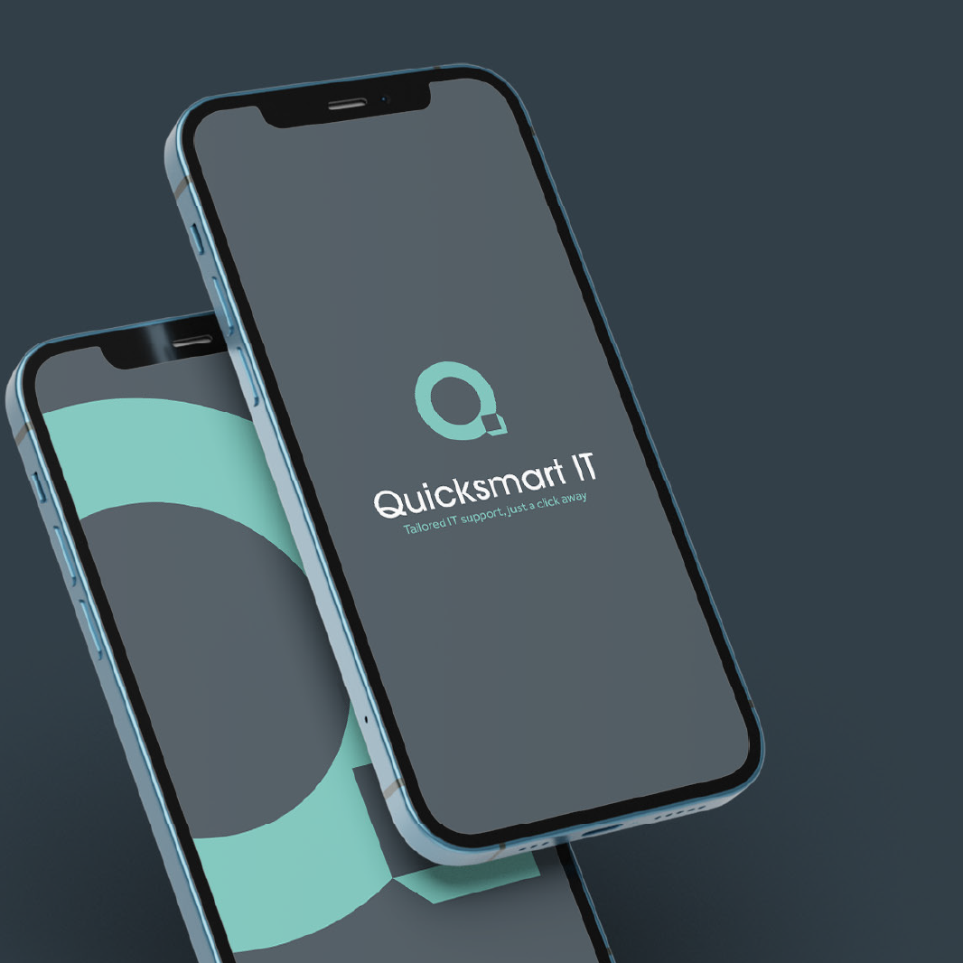Two smartphones with the Quicksnart IT logo displayed on a grey and teal background.