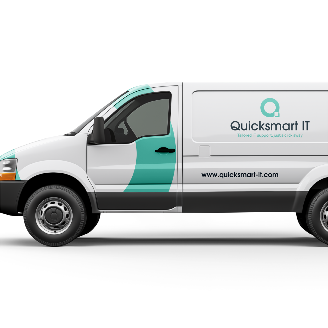 White van with teal accents and