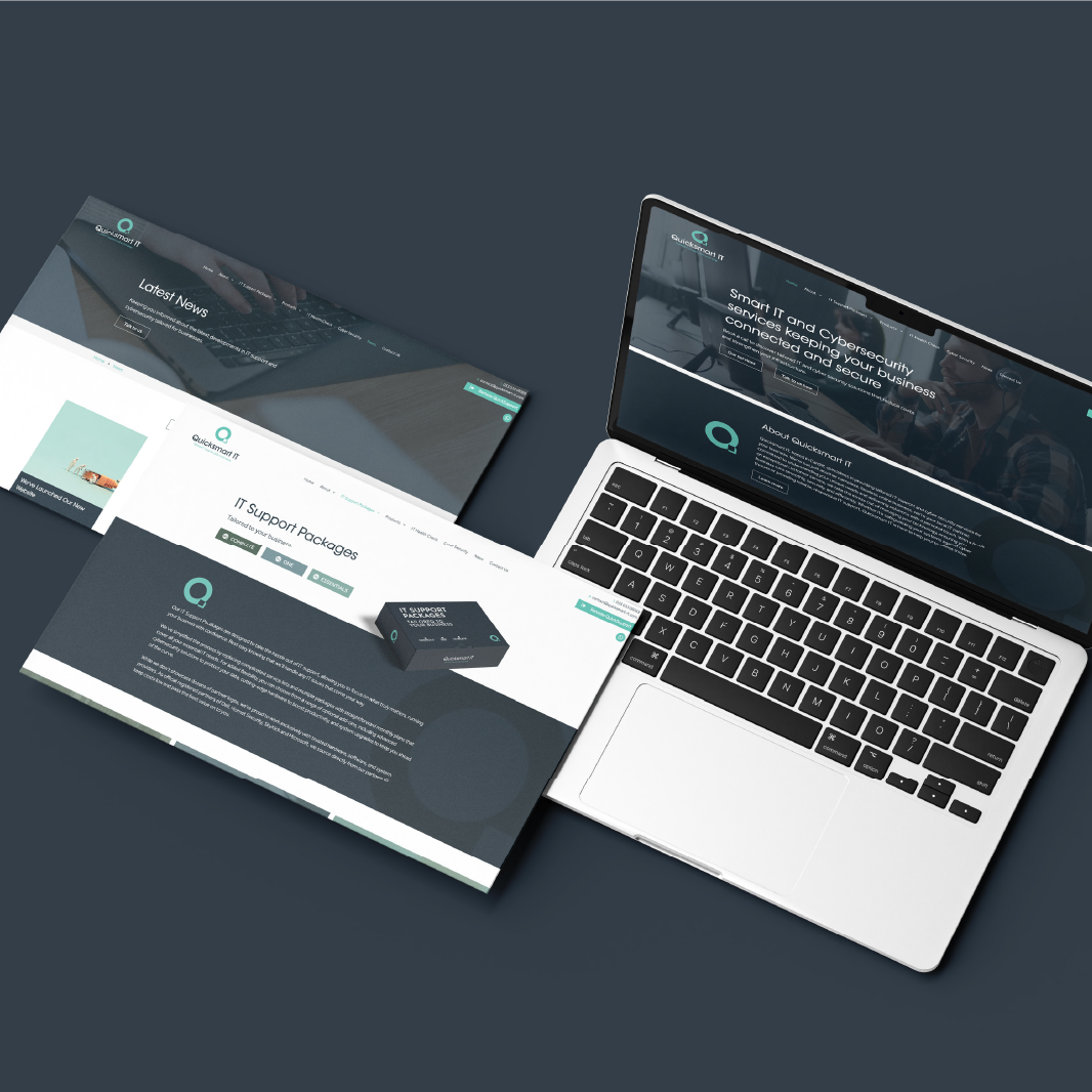 Laptop and two website mockups displaying a business website design with dark teal and white elements.