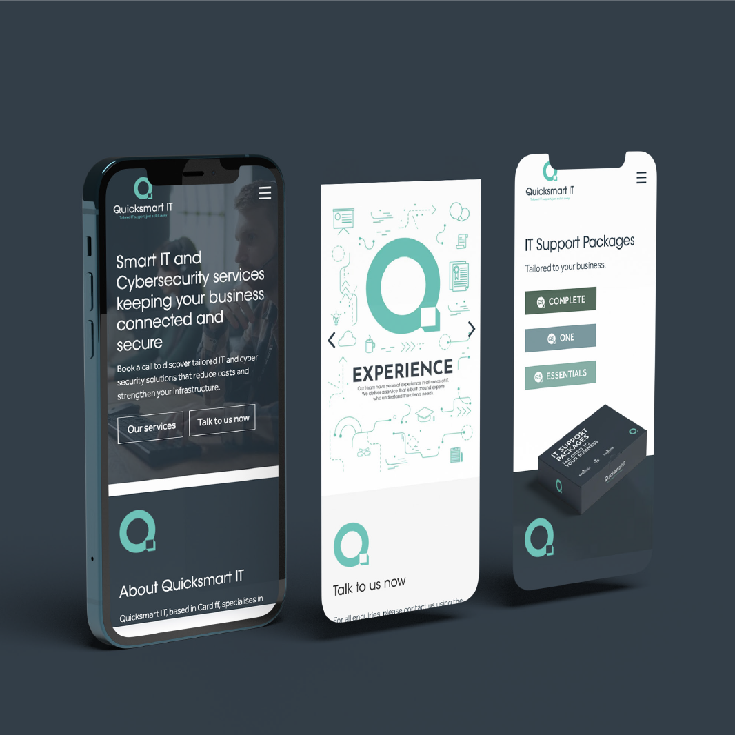 Three smartphone screens displaying cybersecurity content, dark teal and white theme.