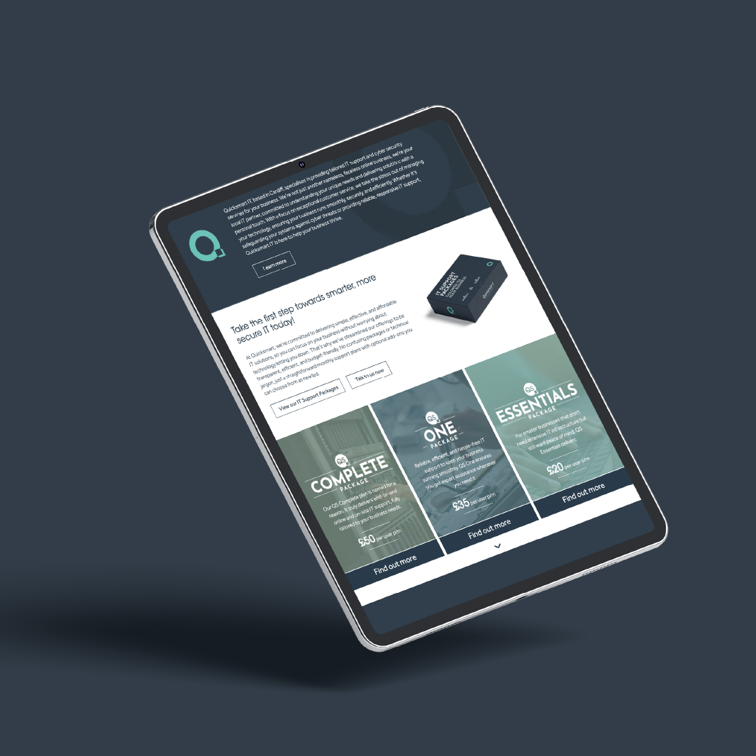 Tablet screen showing a website with product packages: Complete, One, and Essentials. A dark background.