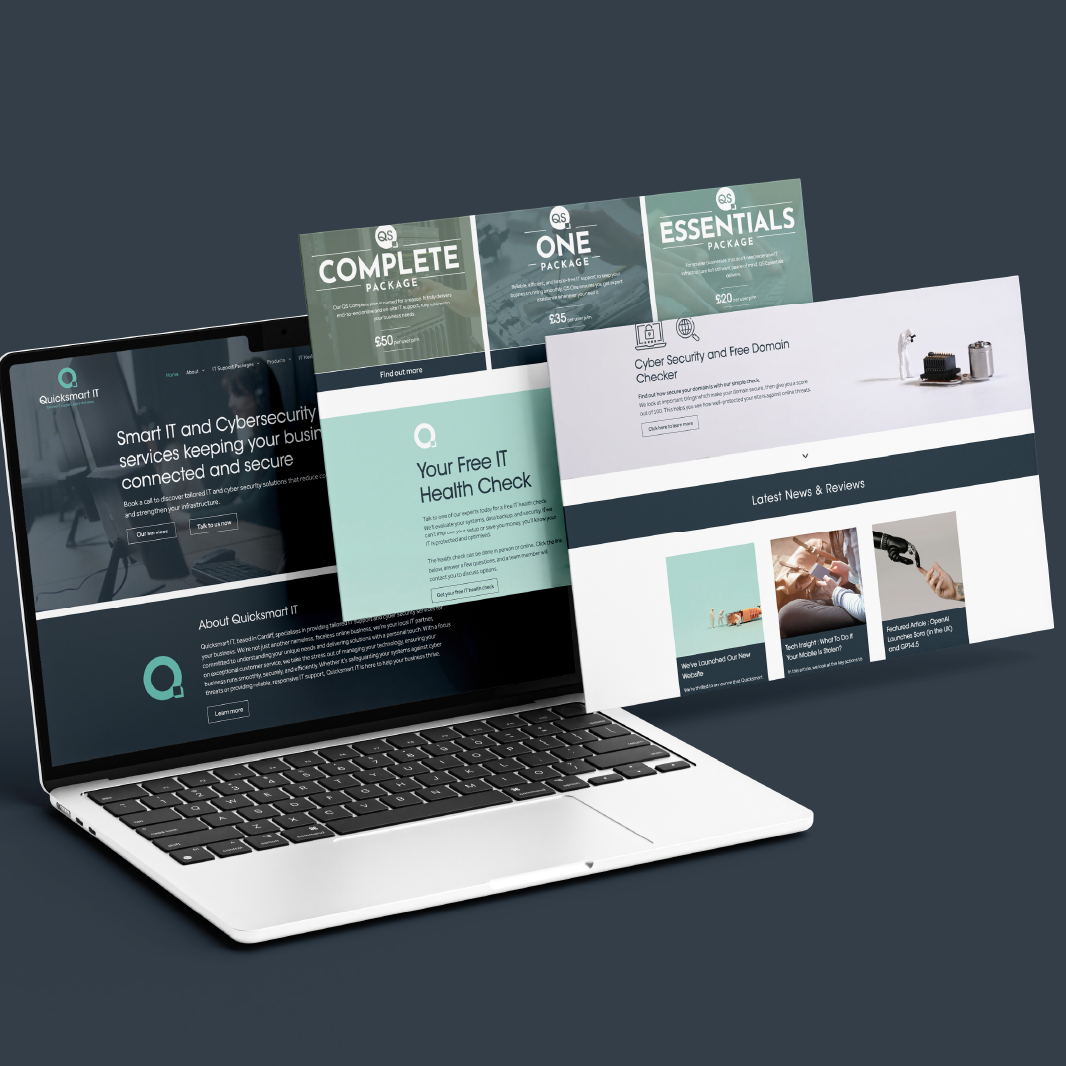 Laptop displaying website mockups for wellness products.