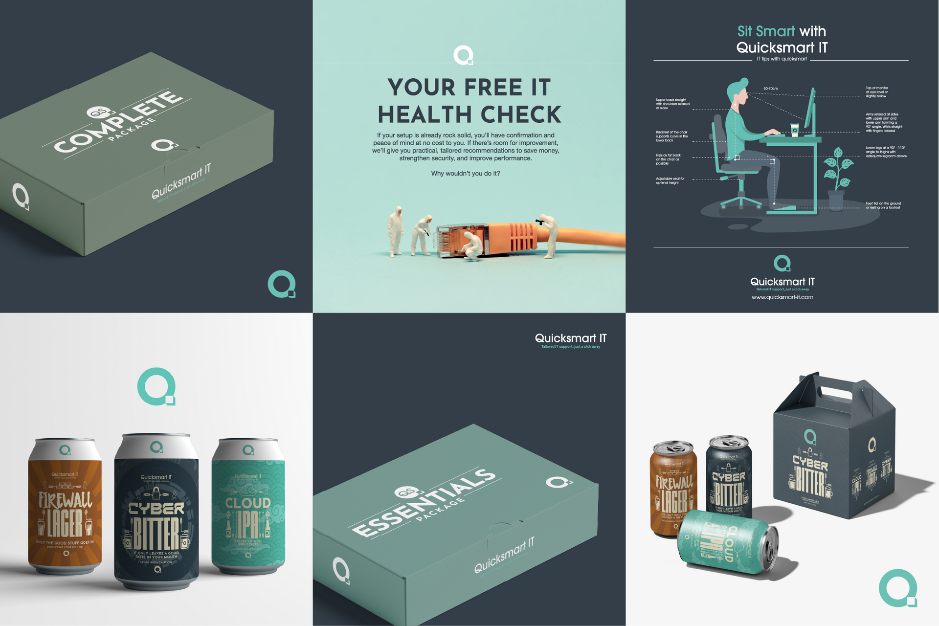 Collage of marketing graphics: boxes, cans, figures, text, teal and brown colors.