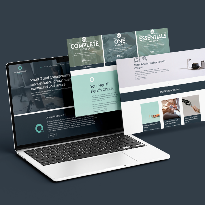 Laptop displaying website designs with a teal, white, and dark gray color scheme.