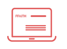 Red icon of a laptop screen displaying the word