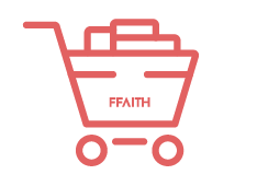 Red shopping cart filled with boxes, branded