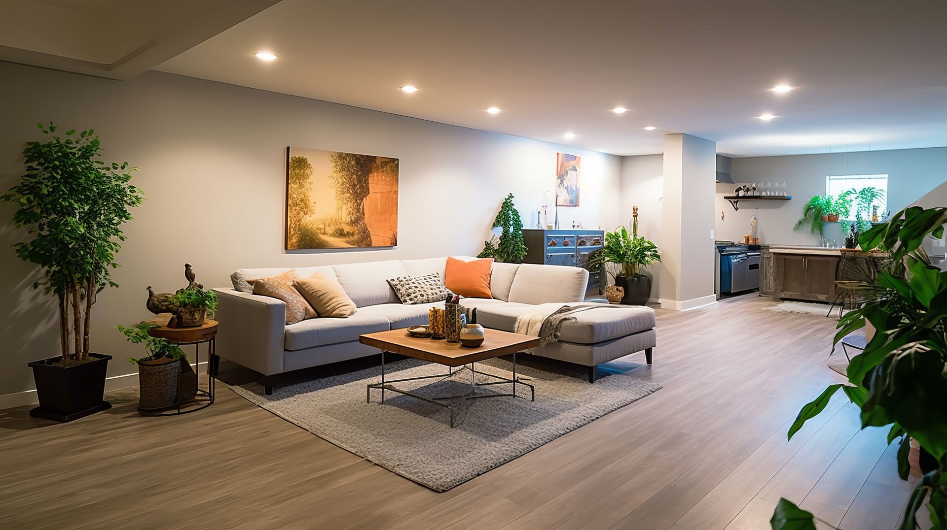 A living room with a couch , coffee table , and plants.
