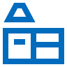A blue and white icon of a house with a triangle on top of it.