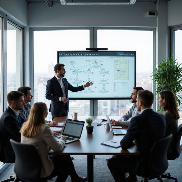 A man in a suit presents a diagram on a screen to a group in a modern office with city views.