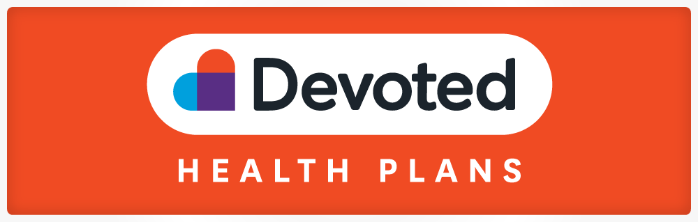Logo for Devoted Health Plans, with a heart-shaped icon and text on an orange background.