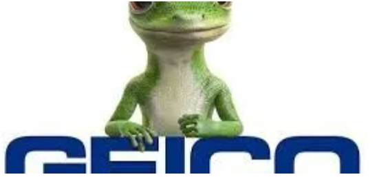 Geico gecko peering over the Geico logo.