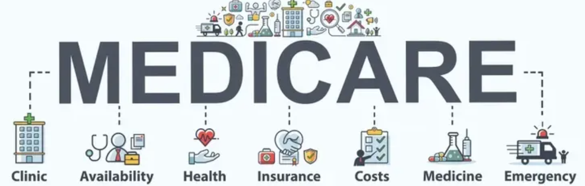 Medicare information graphic with icons: clinic, availability, health, insurance, costs, medicine, and emergency.