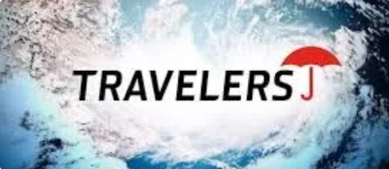 Travelers insurance logo: black text with a red umbrella icon on an Earth background.