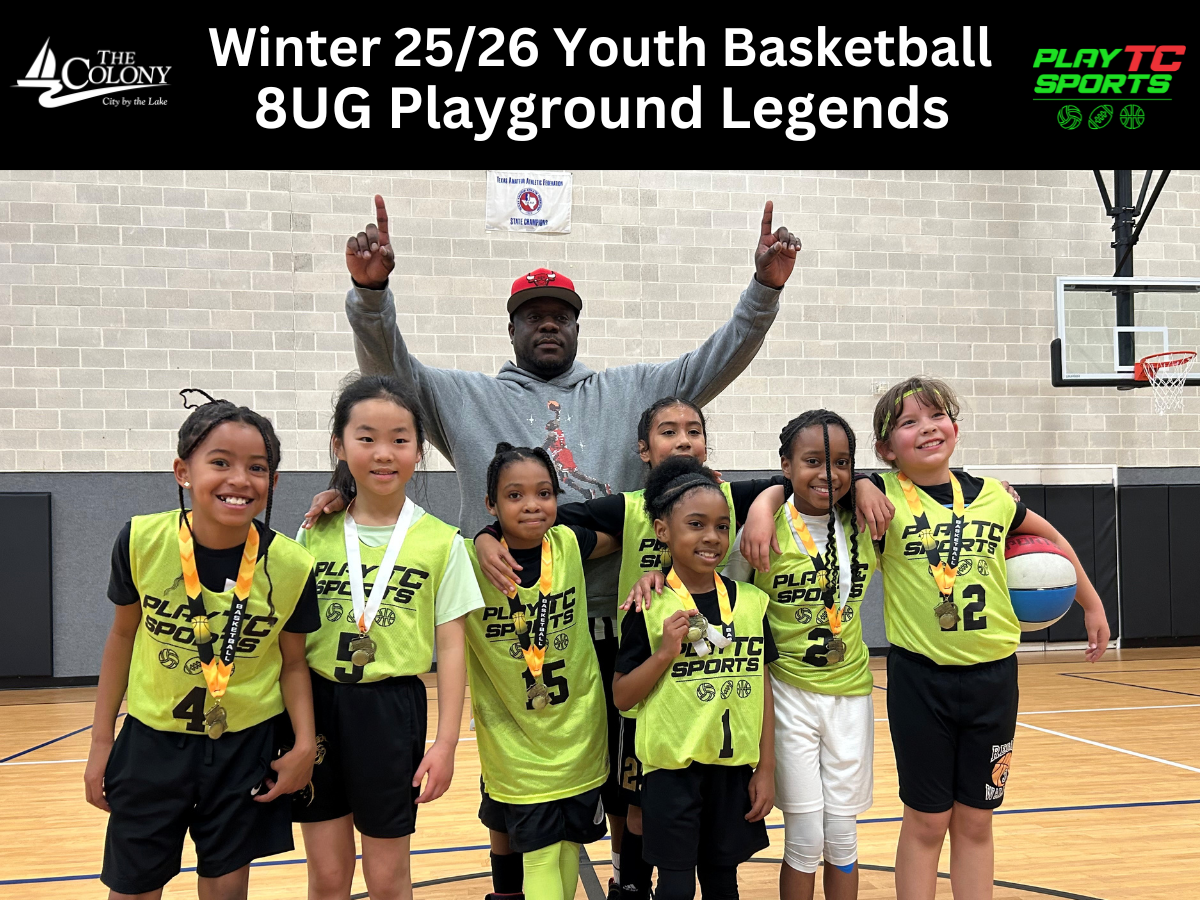 Championship picture of the winter 2025/2026 8 and Under girls team the Playground Legends with their medals. 