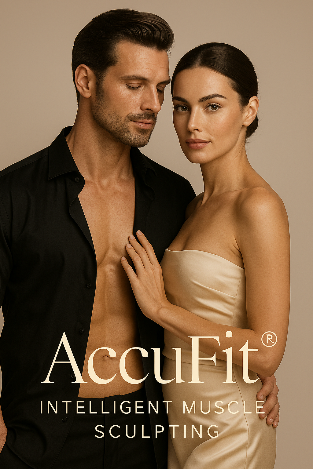 Visualize your strength: Click to see how AccuFit® intelligent muscle activation defines your unique physique. Luxurious portrait of a fit, elegant couple representing AccuFit® Intelligent Muscle Sculpting at Mirelle Institute for Anti-Aging Medicine, symbolizing strength, vitality, and refined body contouring.