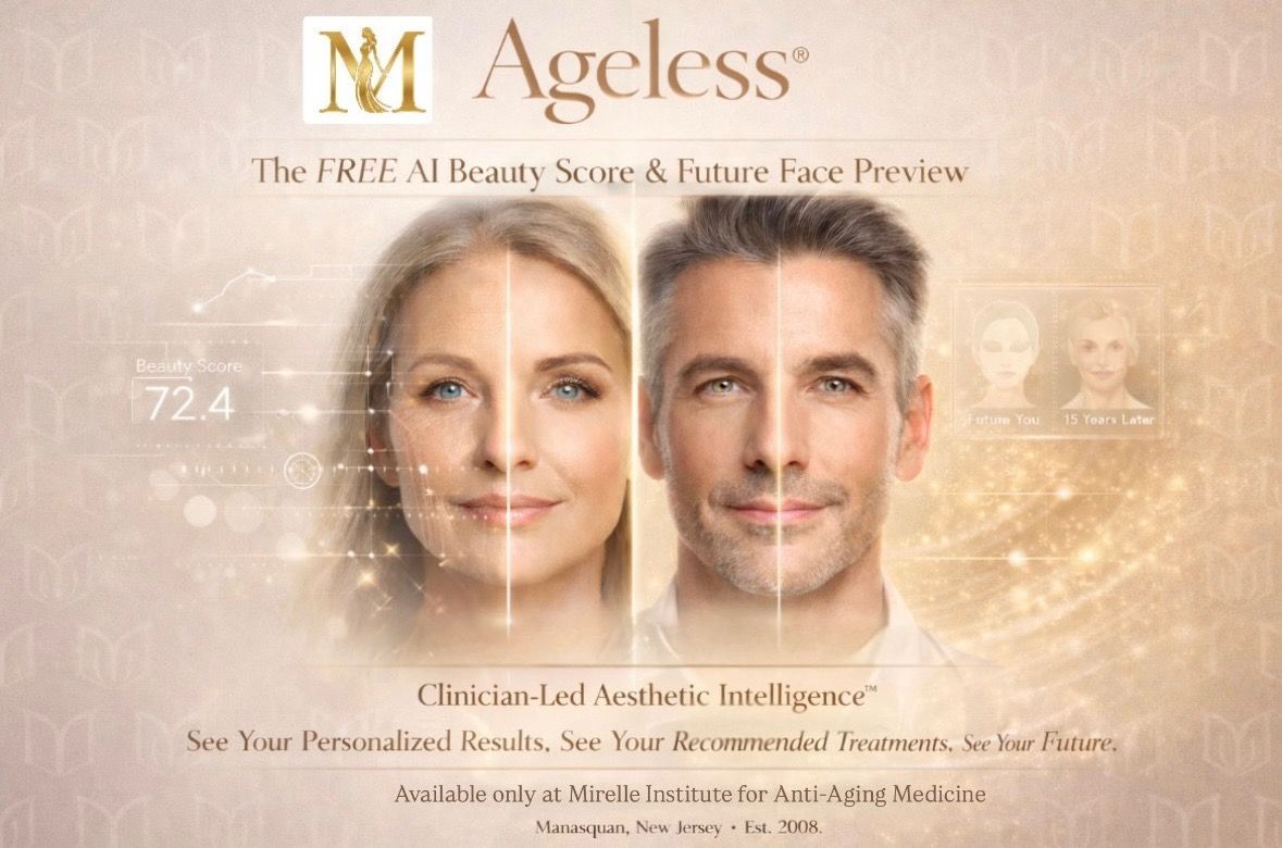 Click to see your Future Face Preview and AI Beauty Score Ageless by Mirelle Institute AI Beauty Score and Future Face Preview visualization tool for longevity and aesthetic consultations.