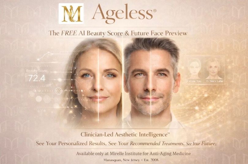 Click to reveal your 30-second transformation visualization. Mirelle Institute Ageless Test: Clinical AI visualization for 15-year future aging forecast and non-surgical rejuvenation
