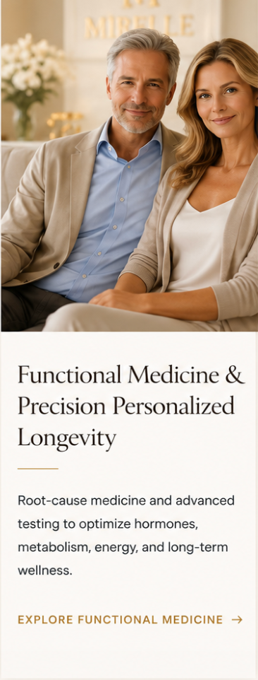 Sophisticated couple representing Jersey Shore functional medicine, hormone therapy (BHRT & TRT), longevity diagnostics, and medical weight loss at Mirelle Institute.