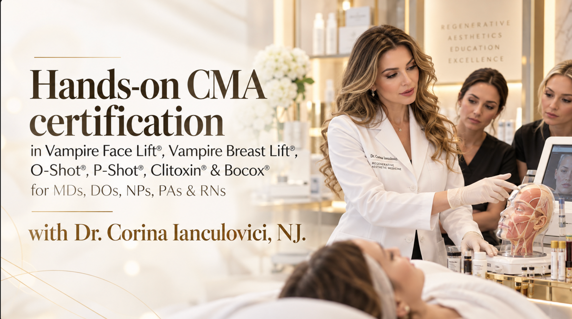Dr. Corina Ianculovici instructing hands-on CMA aesthetic certification training in Manasquan NJ