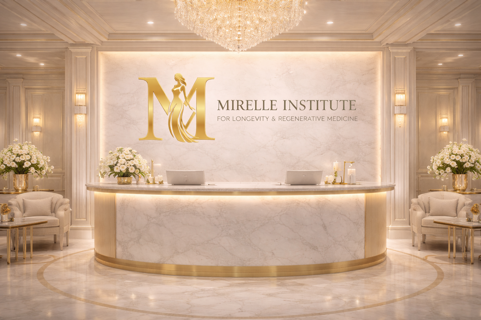 Mirelle Institute for Longevity & Regenerative Medicine reception — a serene, clinician-led environment dedicated to advanced wellness and regenerative care Modern marble reception desk at Mirelle Institute for Longevity & Regenerative Medicine in Manasquan, NJ, featuring the clinical logo and luxury aesthetic interior for functional medicine and regenerative treatments.