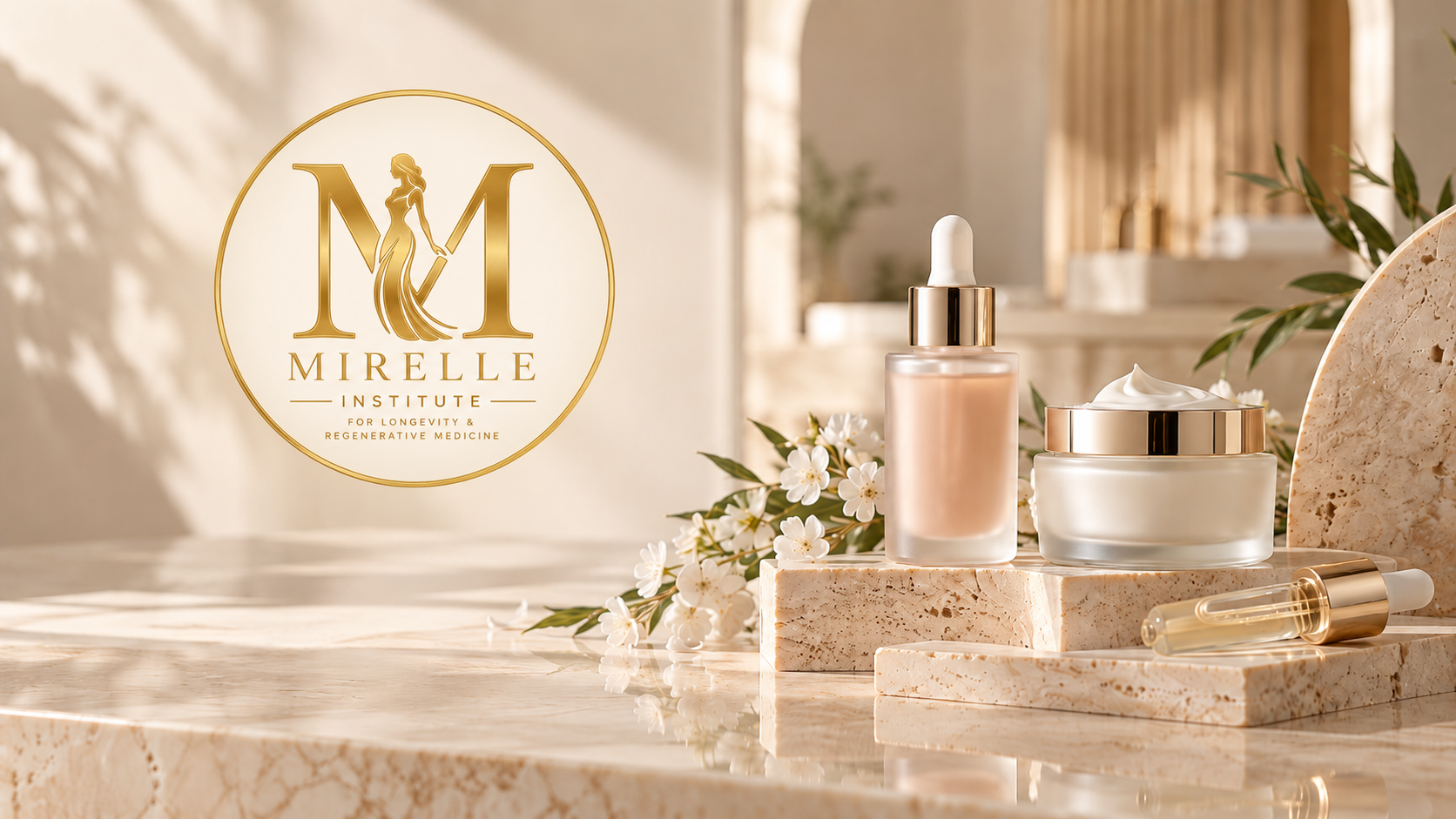 Explore clinician-curated pharmaceutical skincare: bio-identical estriol, GHK-Cu peptides, and barrier restoration at Mirelle Institute. Clinician-curated medical-grade skincare collection featuring bioidentical estriol cream, GHK-Cu copper peptides, and clinical niacinamide serums on stone display at Mirelle Institute
