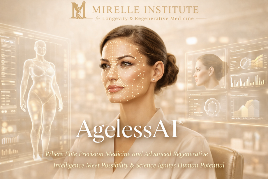 Click to reveal your 30-second transformation visualization. Mirelle Institute Ageless Test: Clinical AI visualization for 15-year future aging forecast and non-surgical rejuvenation