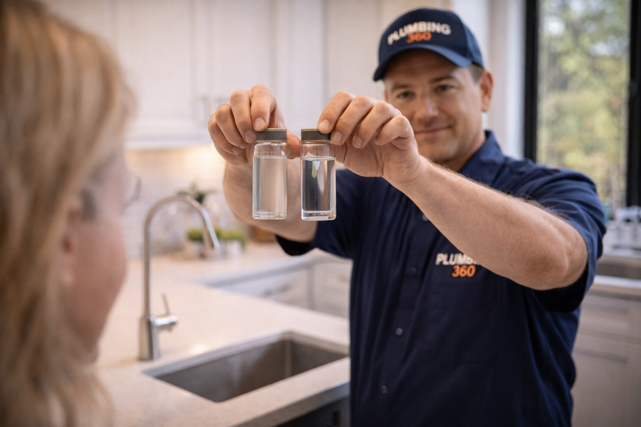 Plumber holding water samples for a customer in a kitchen, comparing clarity.