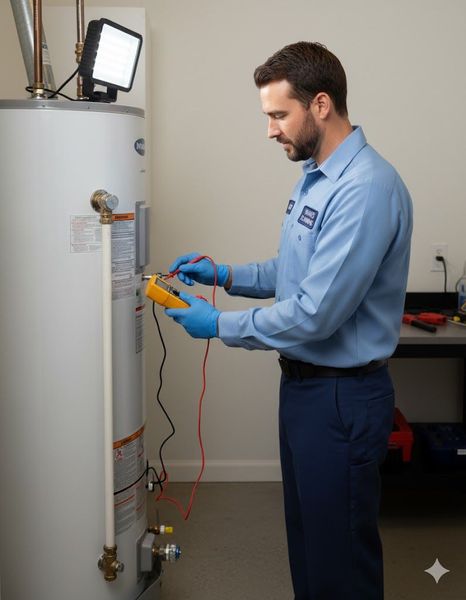 Technician inspecting a water heater with a multimeter. He is wearing a blue uniform and gloves. Indoors.
