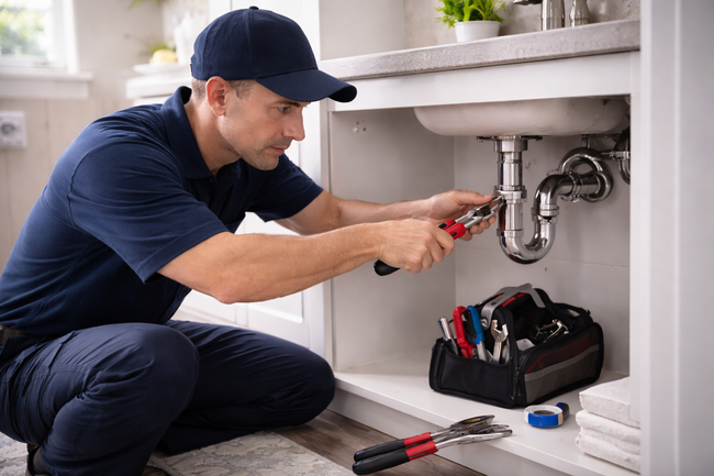 Plumber working under a sink, using pliers. Toolbox and tape nearby. Inside a bathroom cabinet.