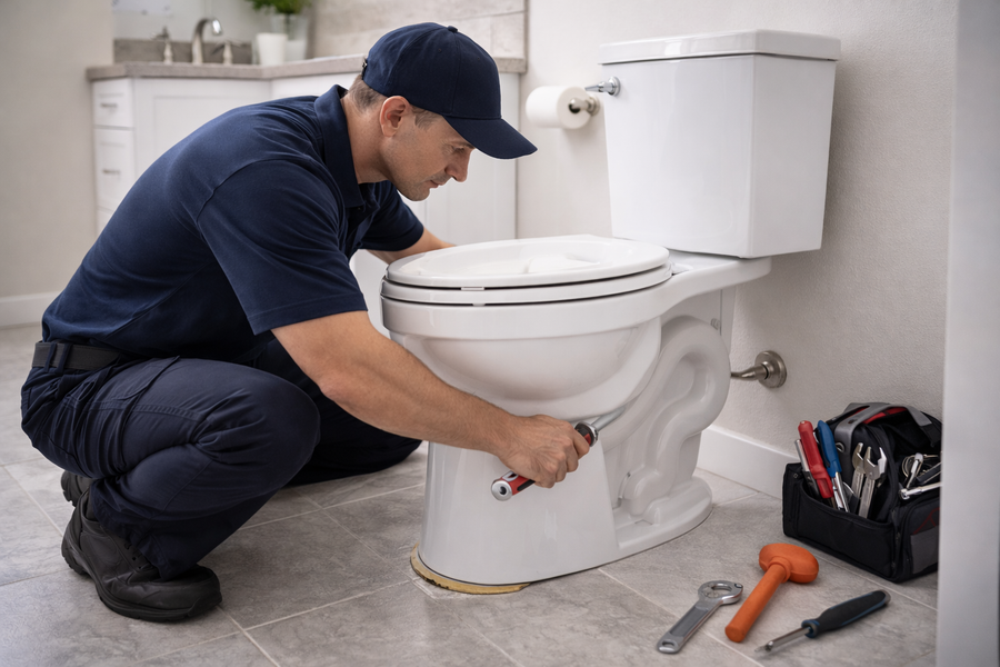 Plumber in blue uniform fixing a toilet in a bathroom, using a wrench. Tools are visible.
