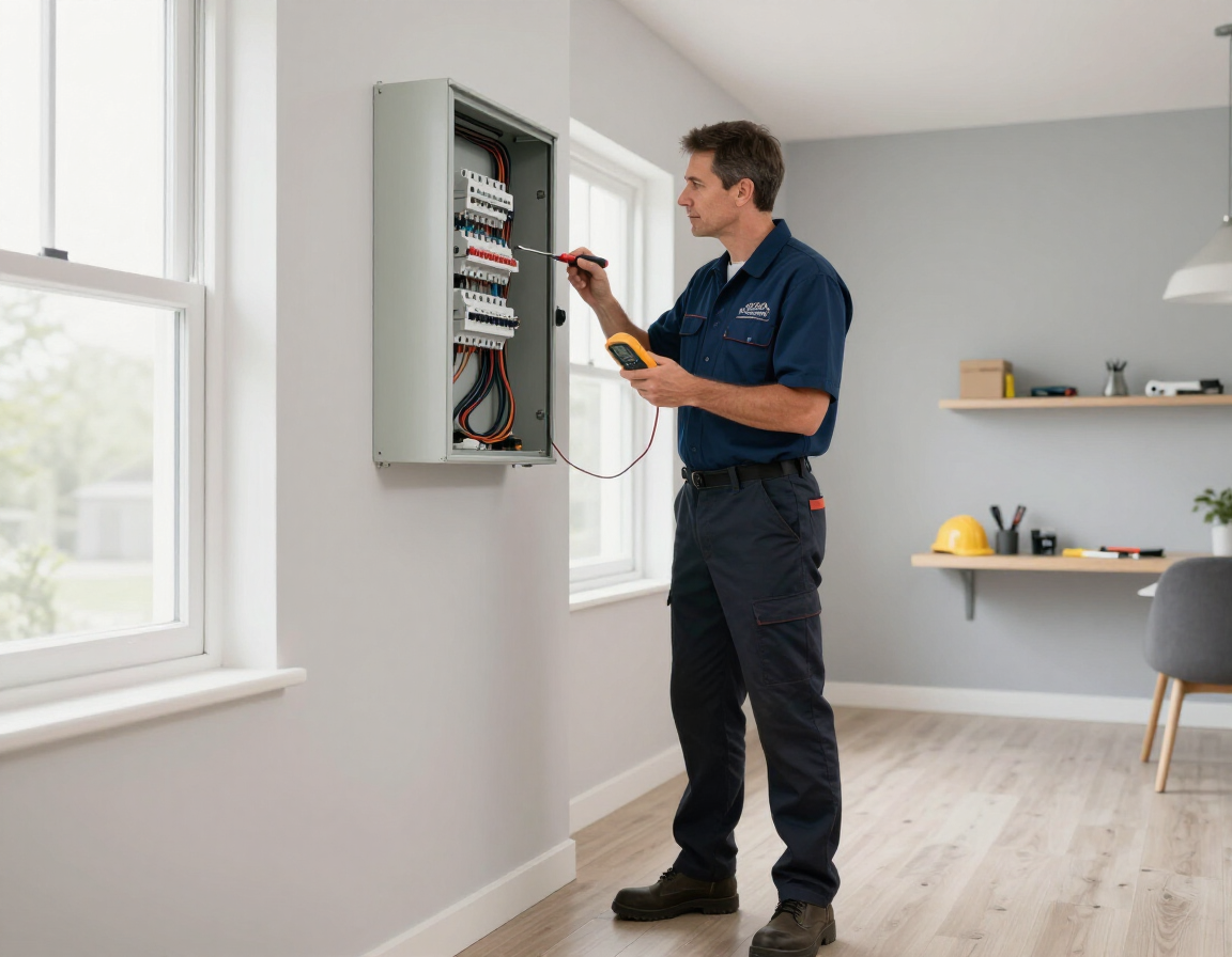 Electrician inspecting a residential electrical panel in a clean home interior.
