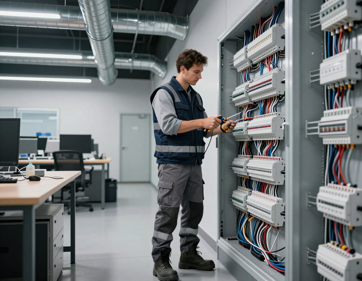 Commercial electrician working on electrical equipment in a modern business setting.